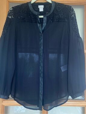 Chico's Sheer Lace Yoke Blouse with FAUX Leather trim. Extra sheer, sexy Black!